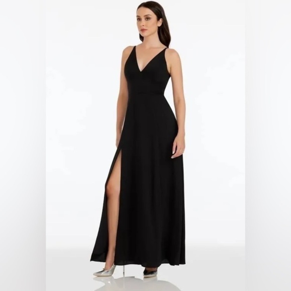 DRESS THE POPULATION Parker Deep V-Neck Slit Maxi Gown In Black NWT